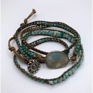 Boho Adjustable Wrap Beaded Cord Bracelet Button Closure Oval Blue/Green Stone